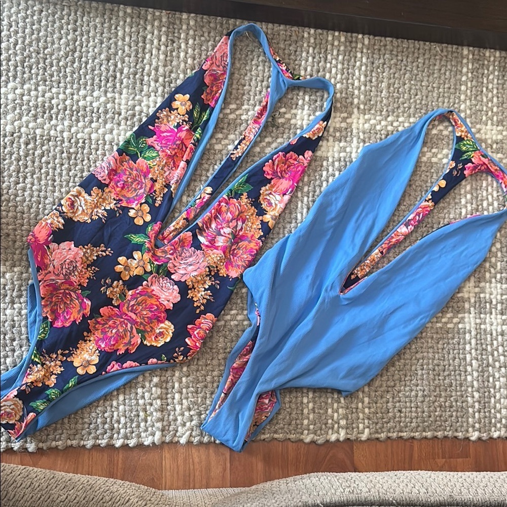 Maaji Floral and Blue Swimsuit reversible plunge
